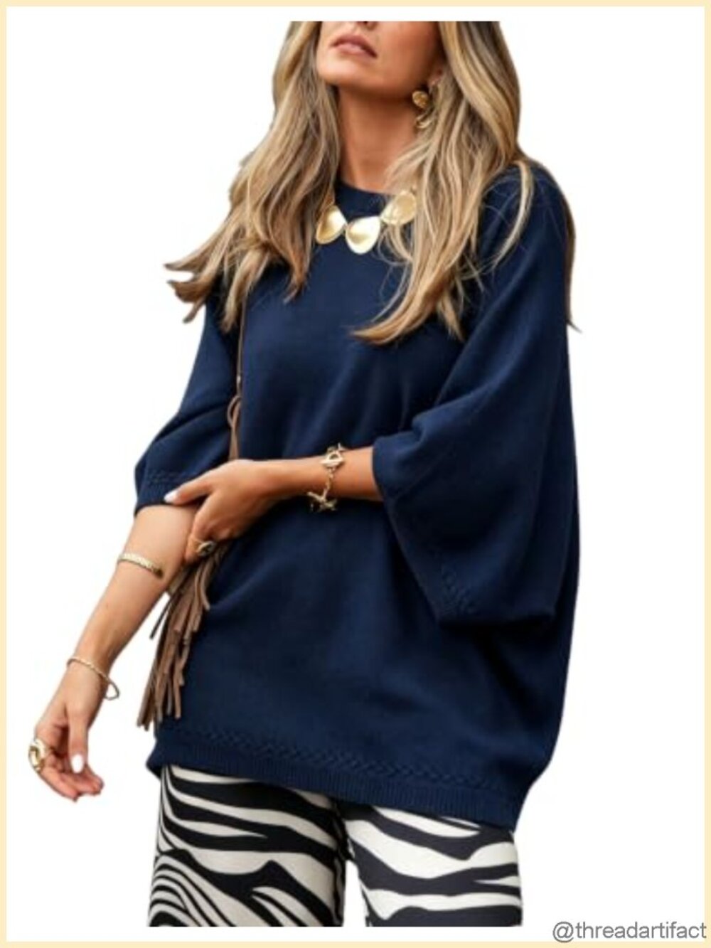 Tanming 3/4 Sleeve Knit Sweater Crew Neck Oversized Pullover Top Loose Soft